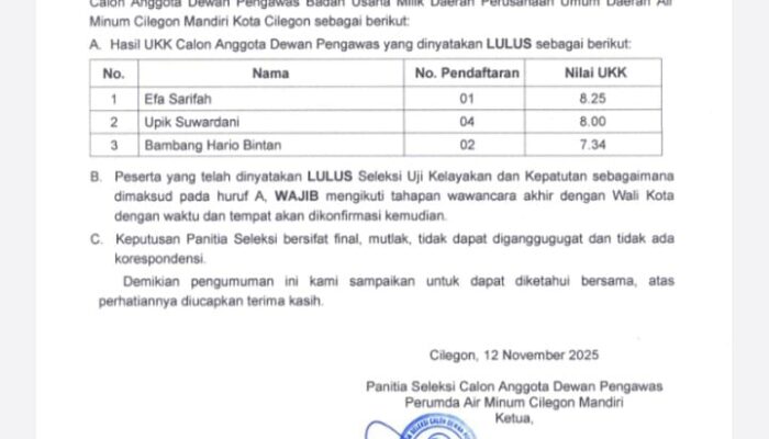 Tiga Pejabat Top Lolos Seleksi Dewas Perumda Cilegon, Eva Syarifah Raih Nilai Tertinggi
